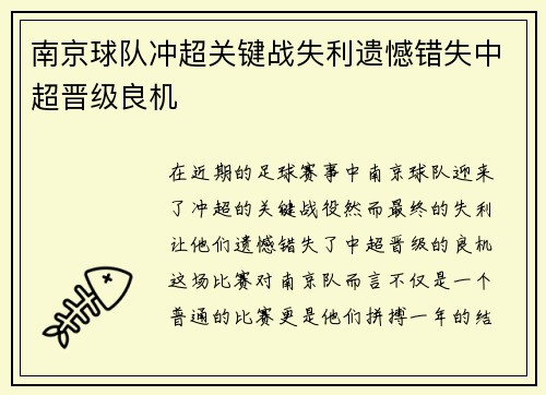 南京球队冲超关键战失利遗憾错失中超晋级良机